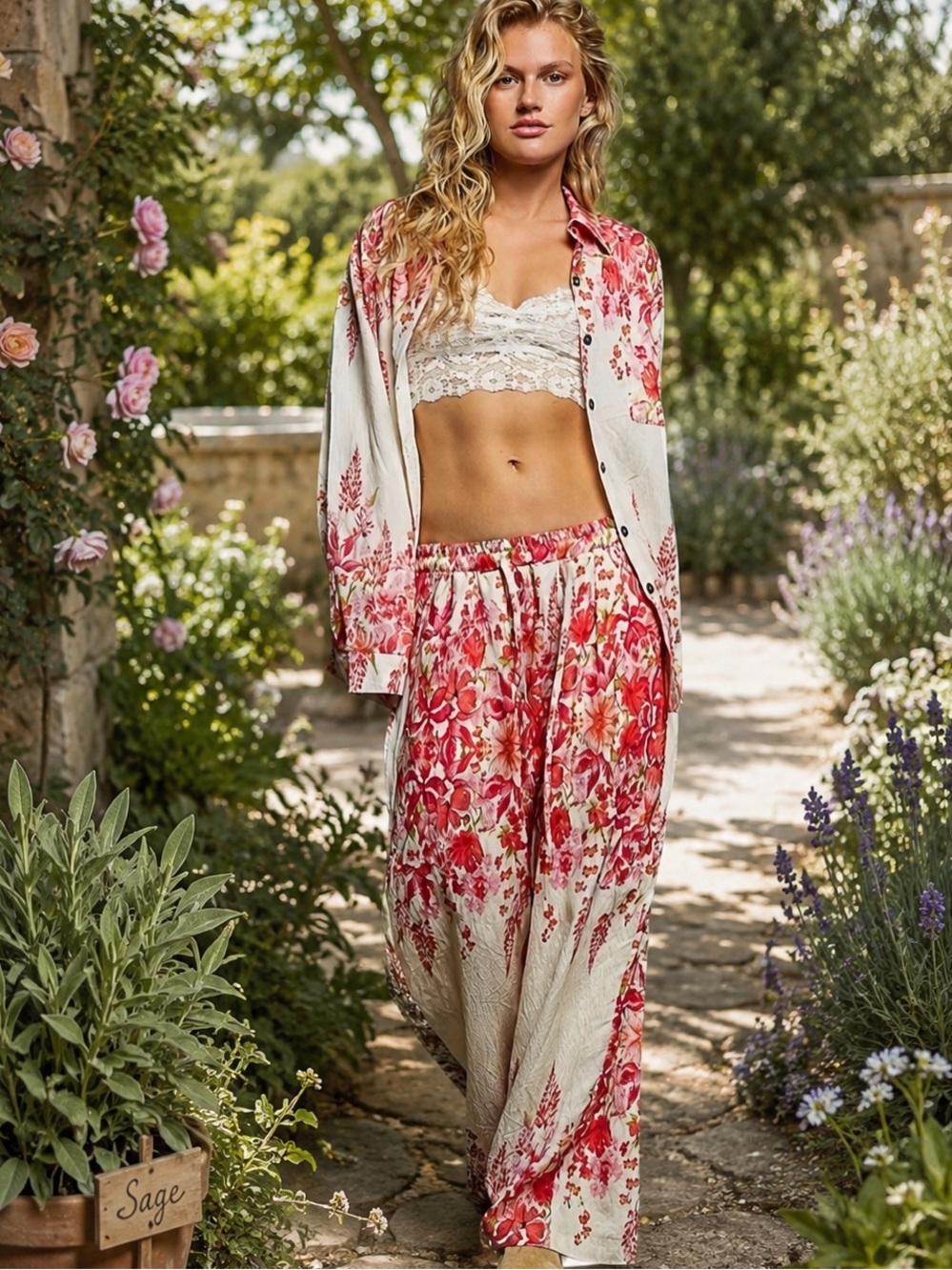 POL SET in Large Cream & Pink Floral Button-Front Set